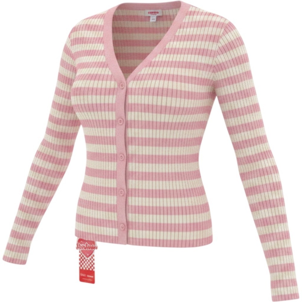 Dazy Cardigan Women M Pink White New Striped Ribbed V-Neck StarSeries Sweater